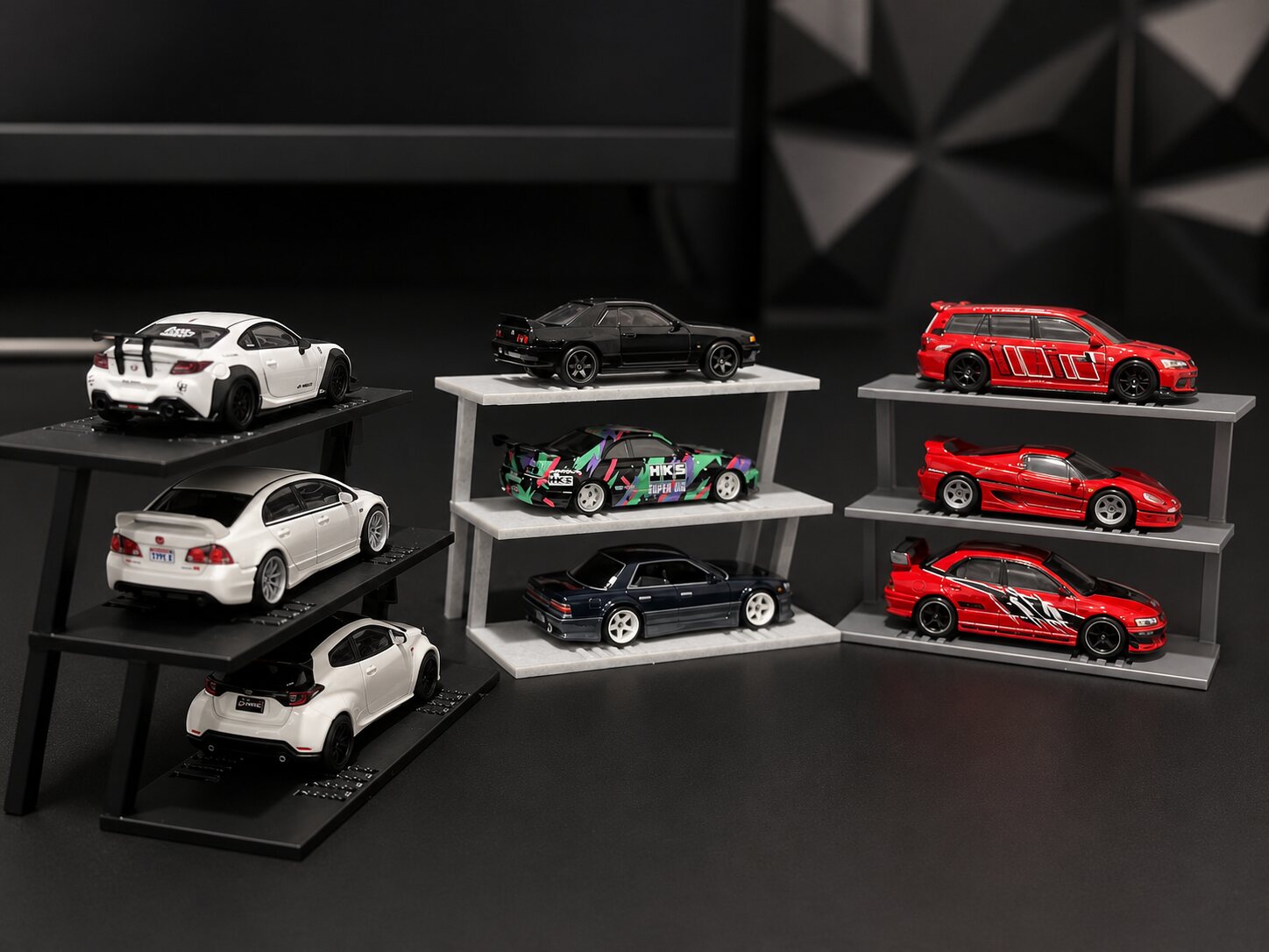 Three colours of 3 Layers Car Racks displaying 1:64 diecast cars